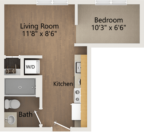 Eliza Floor Plan "L" Shaped 1 Bedroom Apartment